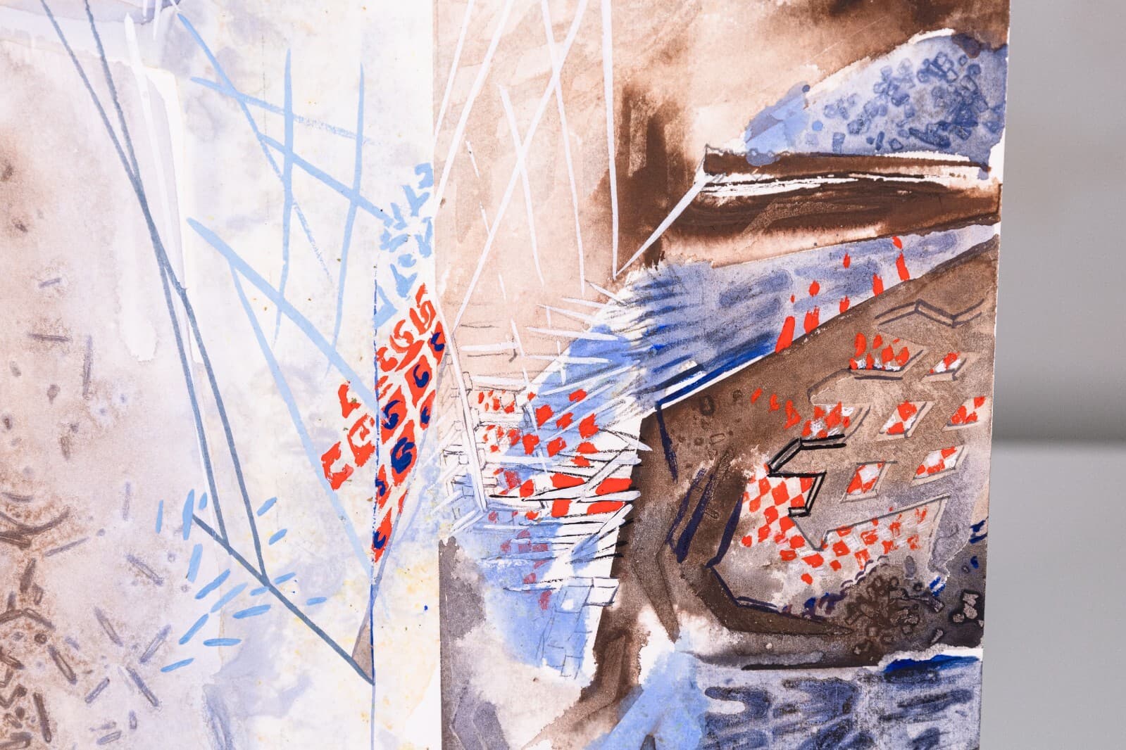 Glen Michaels Modern Blue Red and Brown Watercolor Drawing Unsigned 12hx9w - Thumbnail 4