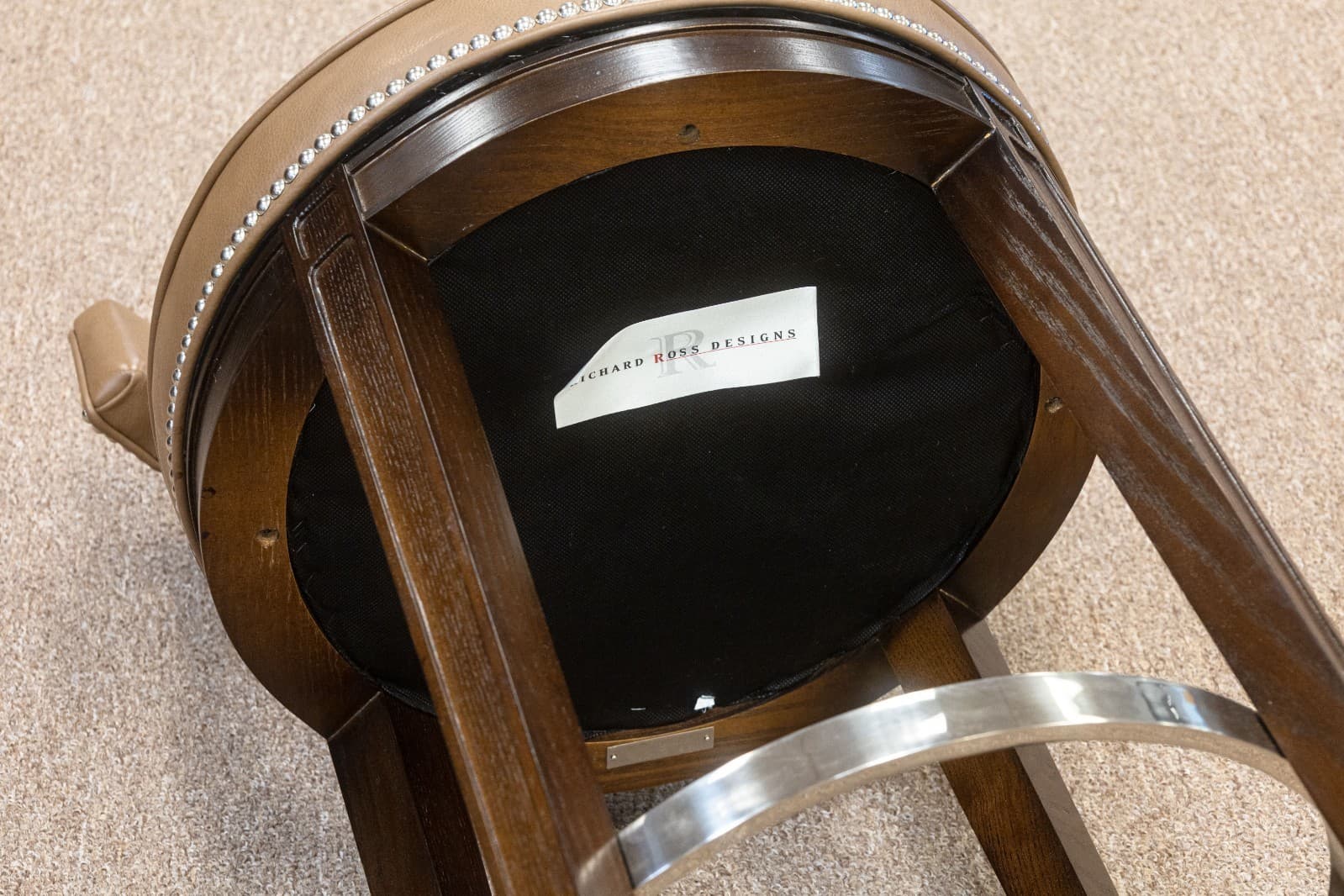 Set of 3 Custom Made Richard Ross Designs Brown Leather and Wood Barstools - Thumbnail 8