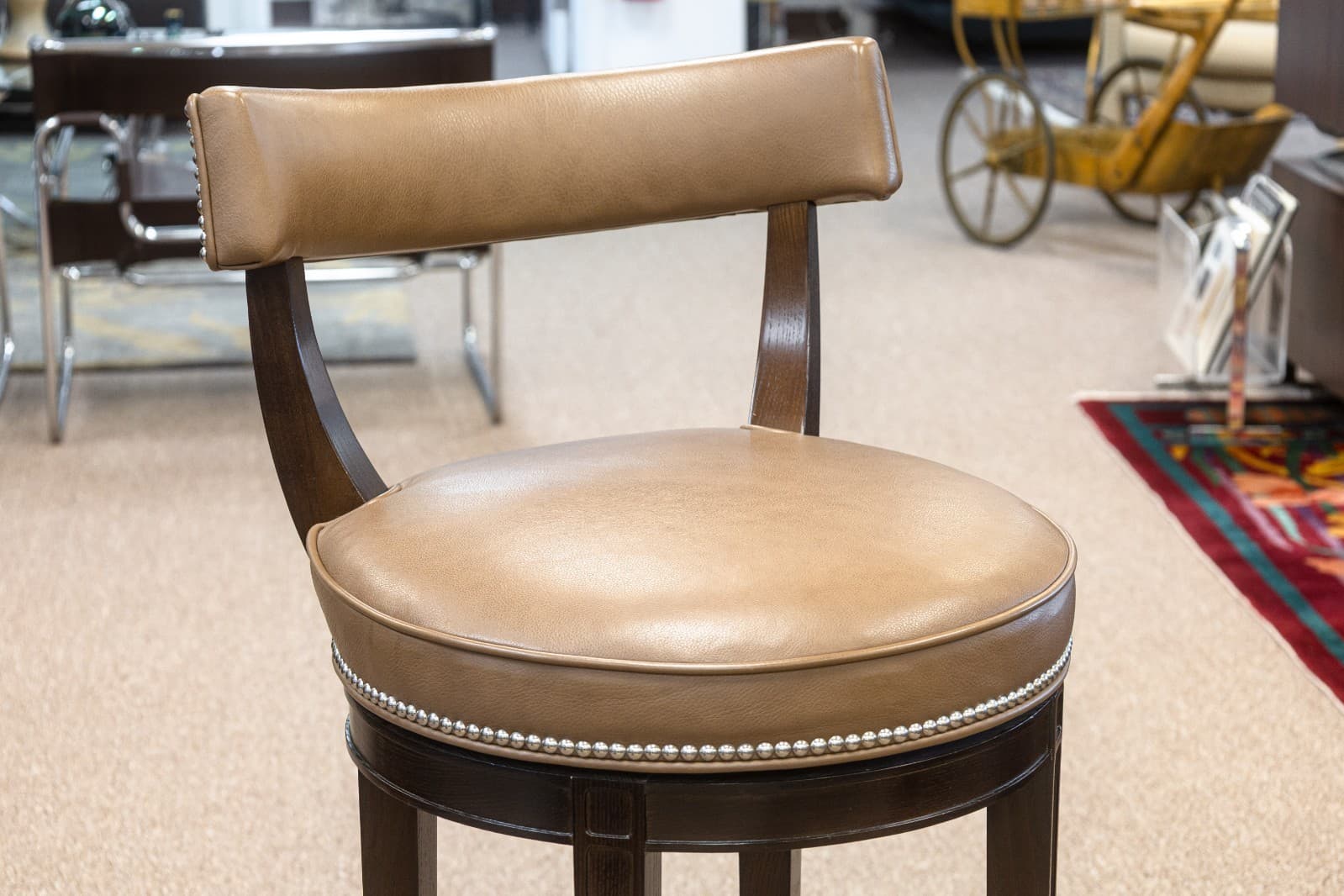 Set of 3 Custom Made Richard Ross Designs Brown Leather and Wood Barstools - Thumbnail 3