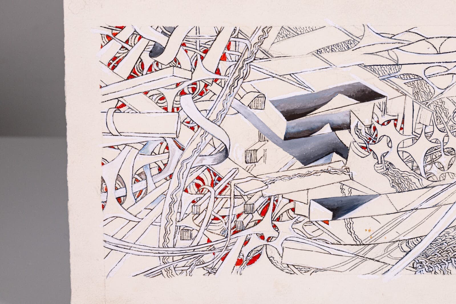 Glen Michaels Signed Modern Red & Gray Watercolor Ink Drawing Paper 8.5h x 20w - Thumbnail 2