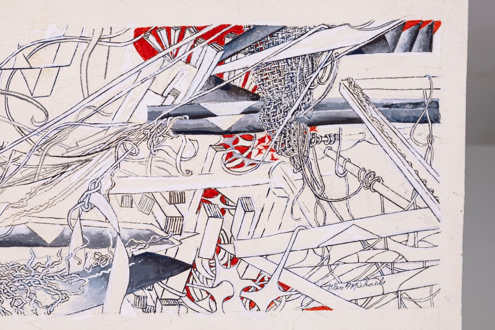 Glen Michaels Signed Modern Red & Gray Watercolor Ink Drawing Paper 8.5h x 20w - Thumbnail 5