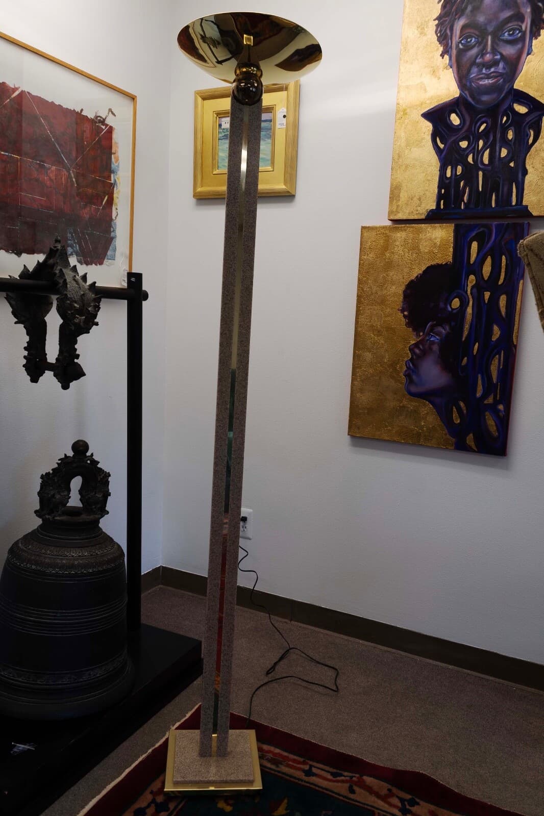 Art Deco Style Post Modern Brass and Neutral Toned Stone Torchiere Lamp - Thumbnail 8