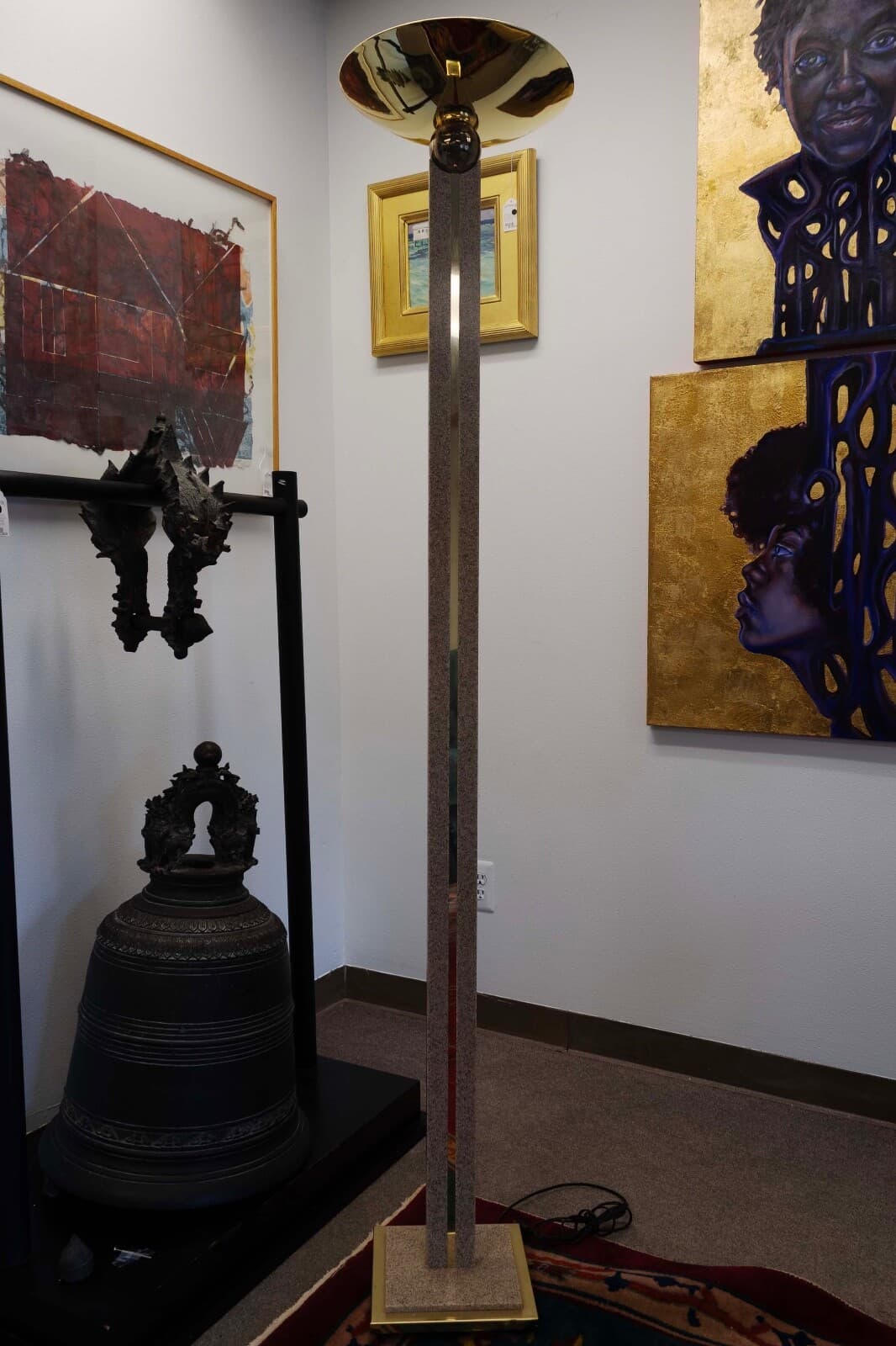 Art Deco Style Post Modern Brass and Neutral Toned Stone Torchiere Lamp - Thumbnail 3