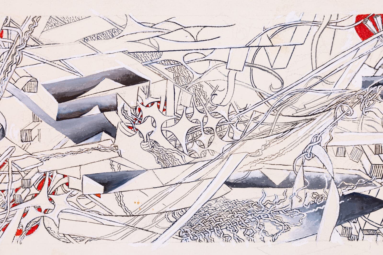 Glen Michaels Signed Modern Red & Gray Watercolor Ink Drawing Paper 8.5h x 20w - Thumbnail 3