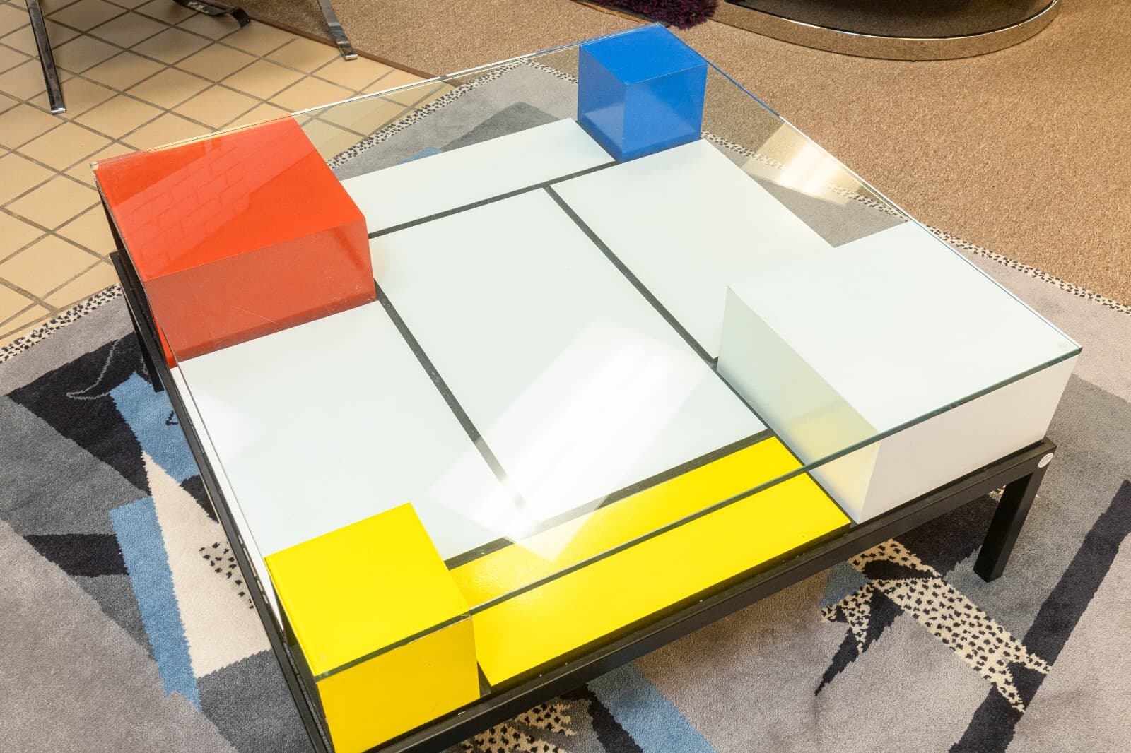 Custom Made Piet Mondrian Style Postmodern Square Glass and Wood Coffee Table - Thumbnail 3