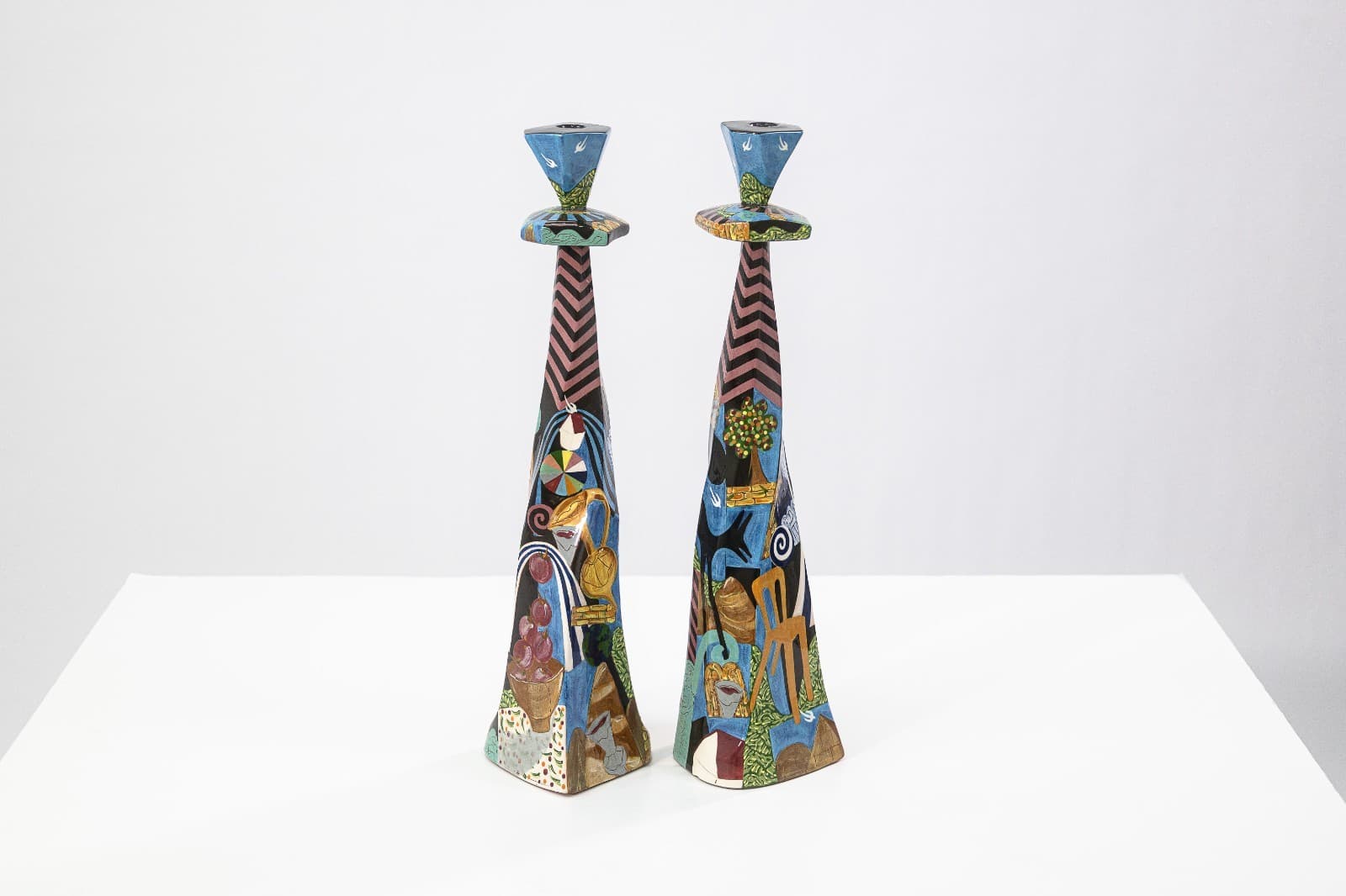Robert Lipnick Candlestick Holders 1994 Signed Hand Painted Pottery Postmodern - Thumbnail 2