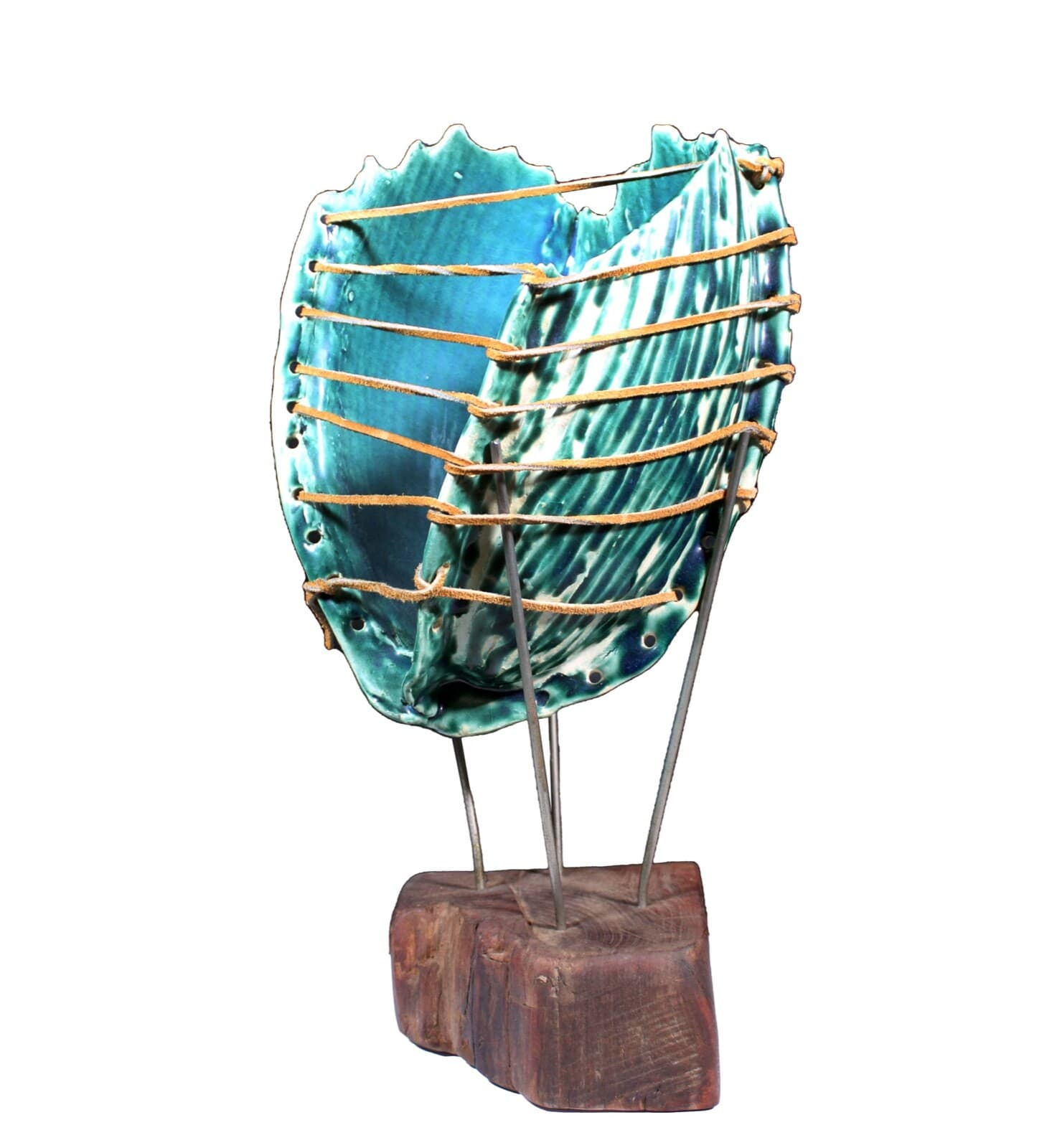 Mid Century Modern Ceramic Green Biomorphic Shell Design on Metal & Wood Stand