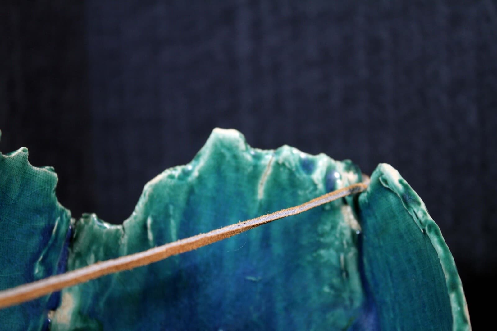 Mid Century Modern Ceramic Green Biomorphic Shell Design on Metal & Wood Stand - Thumbnail 7