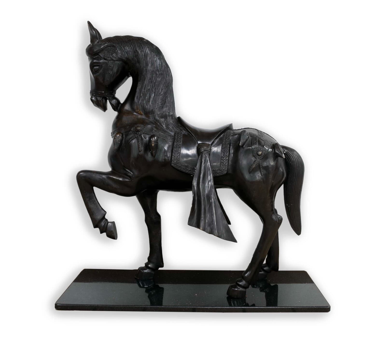 Vintage Chinese War Horse with Ornate Designs Patinated Bronze Metal Sculpture S