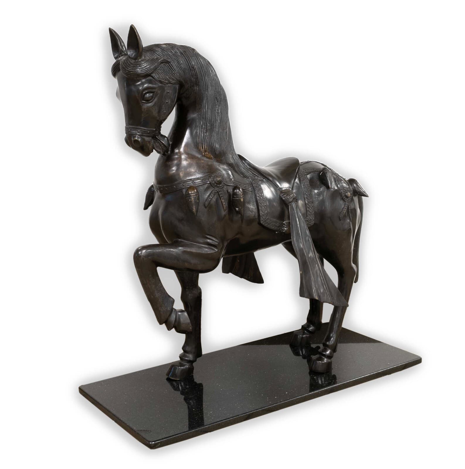 Vintage Chinese War Horse with Ornate Designs Patinated Bronze Metal Sculpture S - Thumbnail 2