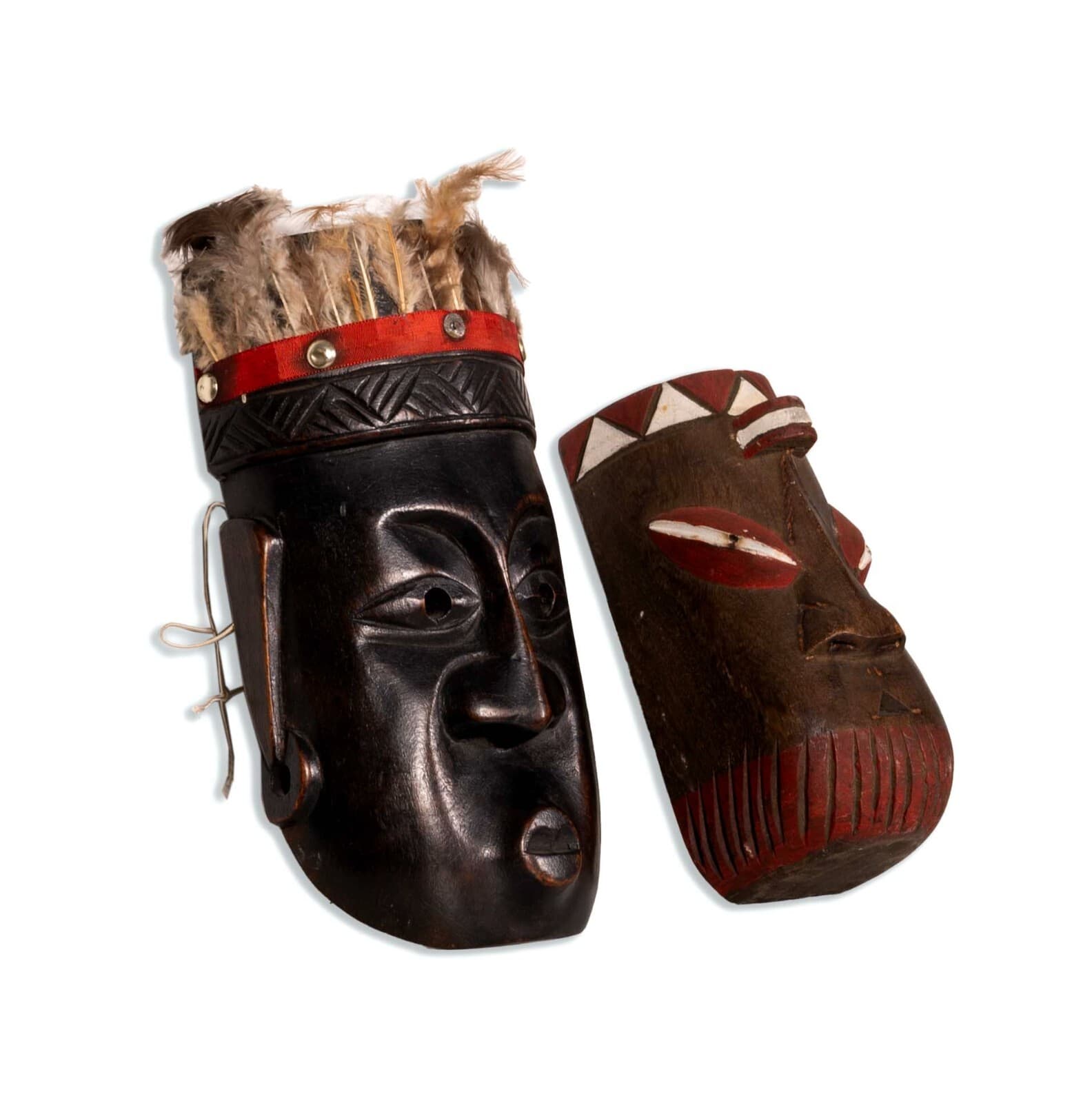 Pair of Vintage African Tribal Hand Carved & Painted Wooden Mask with Feathers - Thumbnail 2