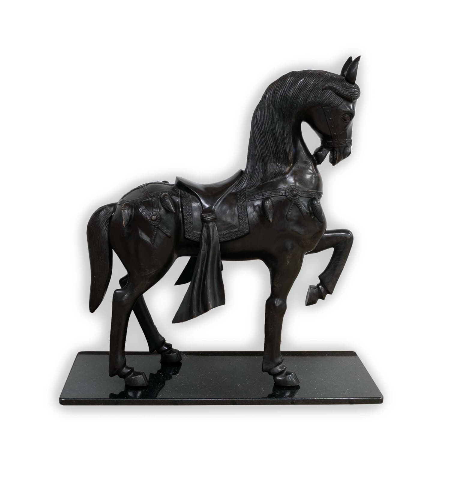 Vintage Chinese War Horse with Ornate Designs Patinated Bronze Metal Sculpture S - Thumbnail 4