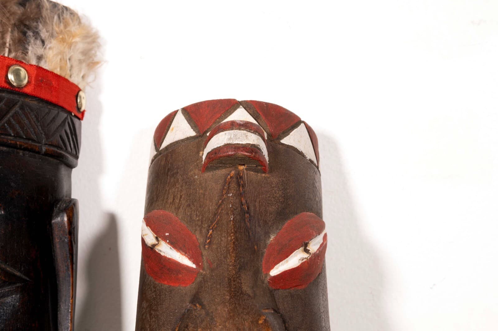Pair of Vintage African Tribal Hand Carved & Painted Wooden Mask with Feathers - Thumbnail 6