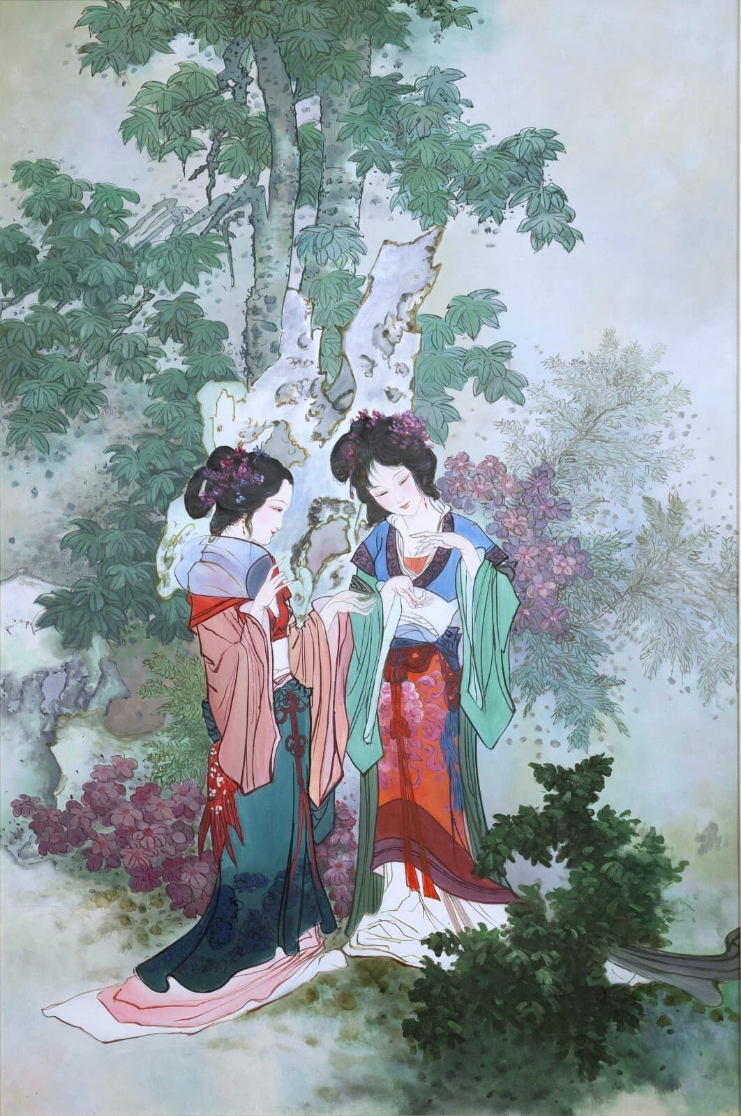 Hua Sanchuan Viewing Flowers Contemporary Figurative Asian Acrylic Painting on C - Thumbnail 2