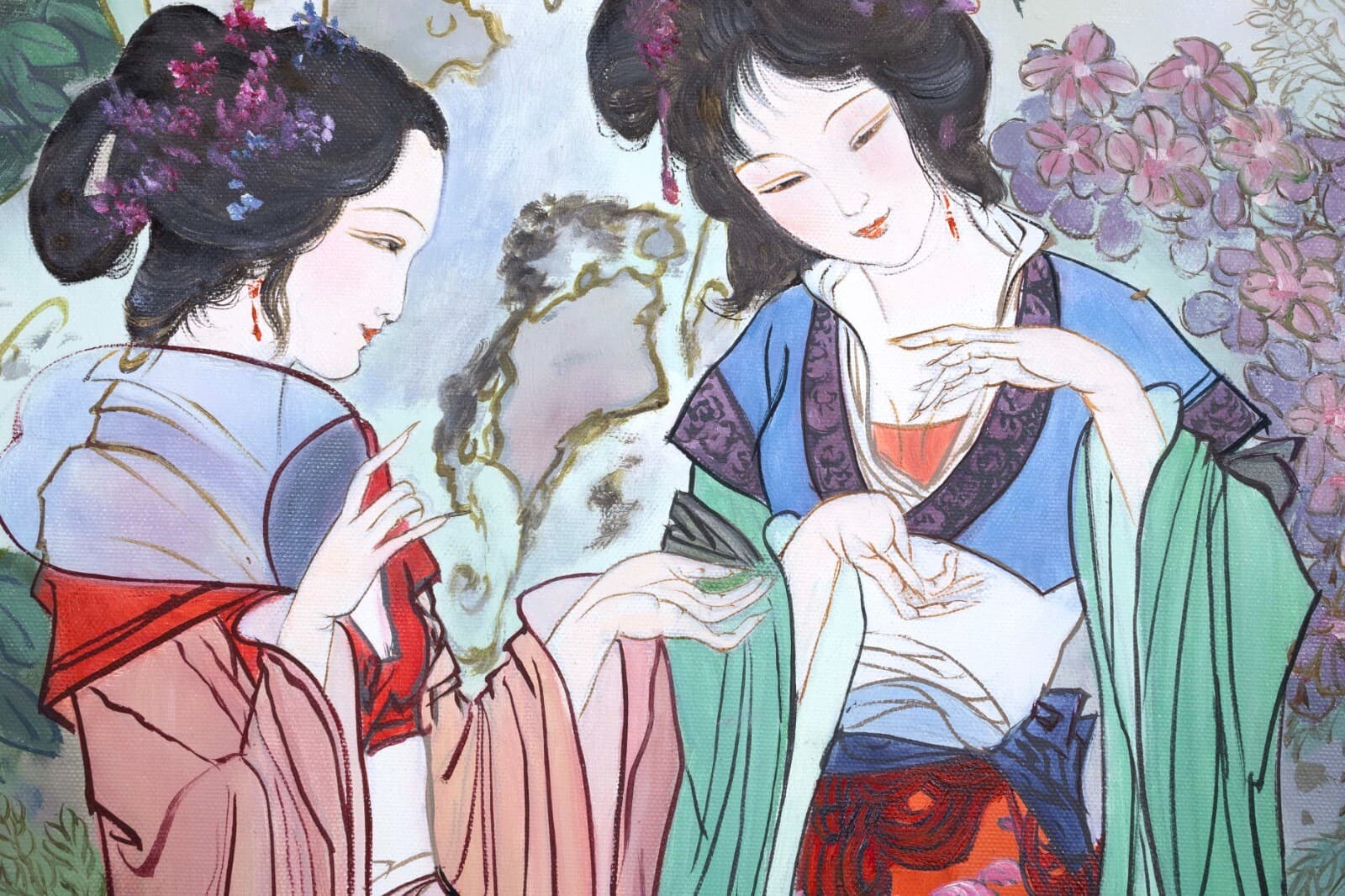 Hua Sanchuan Viewing Flowers Contemporary Figurative Asian Acrylic Painting on C - Thumbnail 3