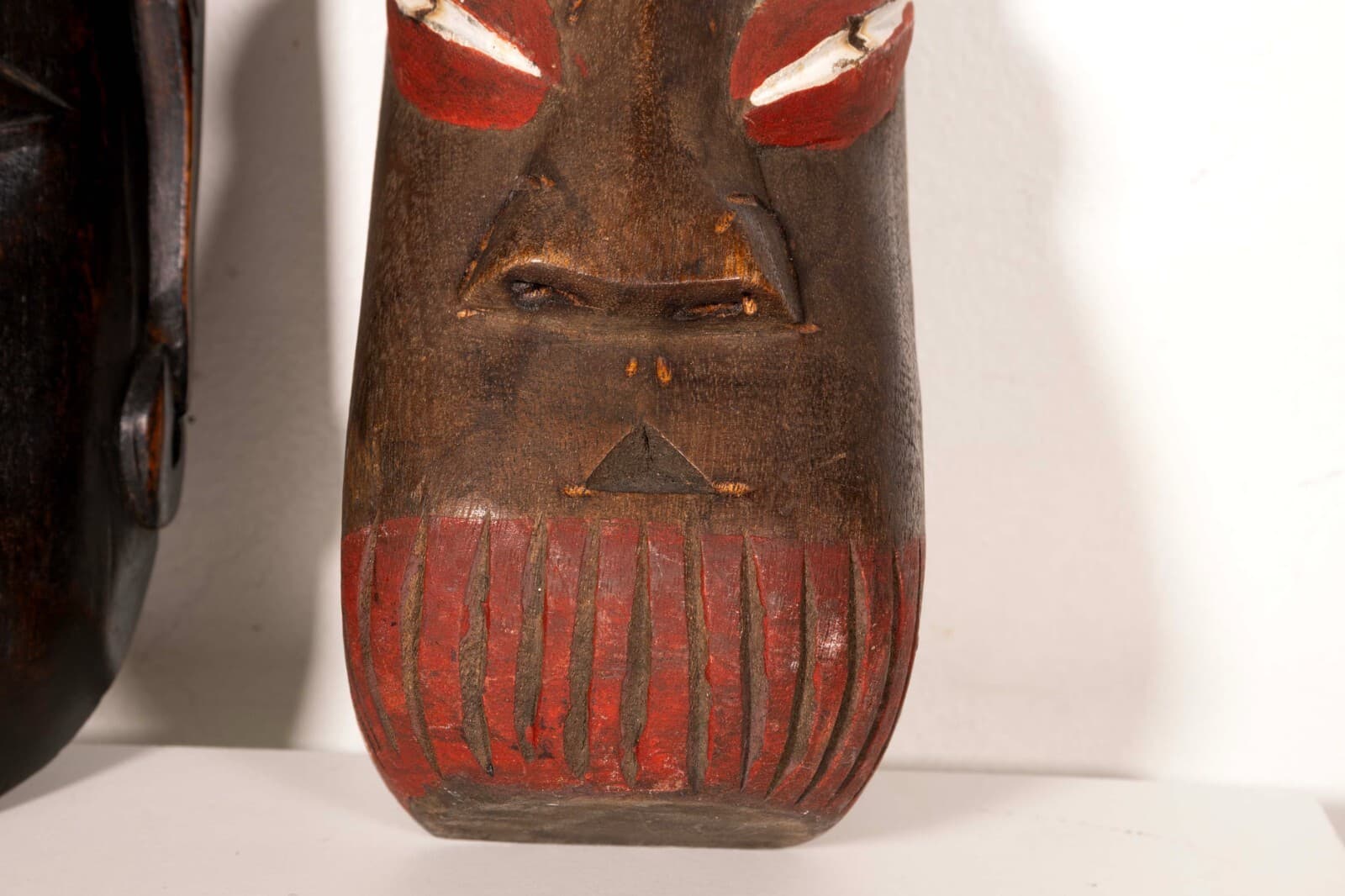 Pair of Vintage African Tribal Hand Carved & Painted Wooden Mask with Feathers - Thumbnail 5