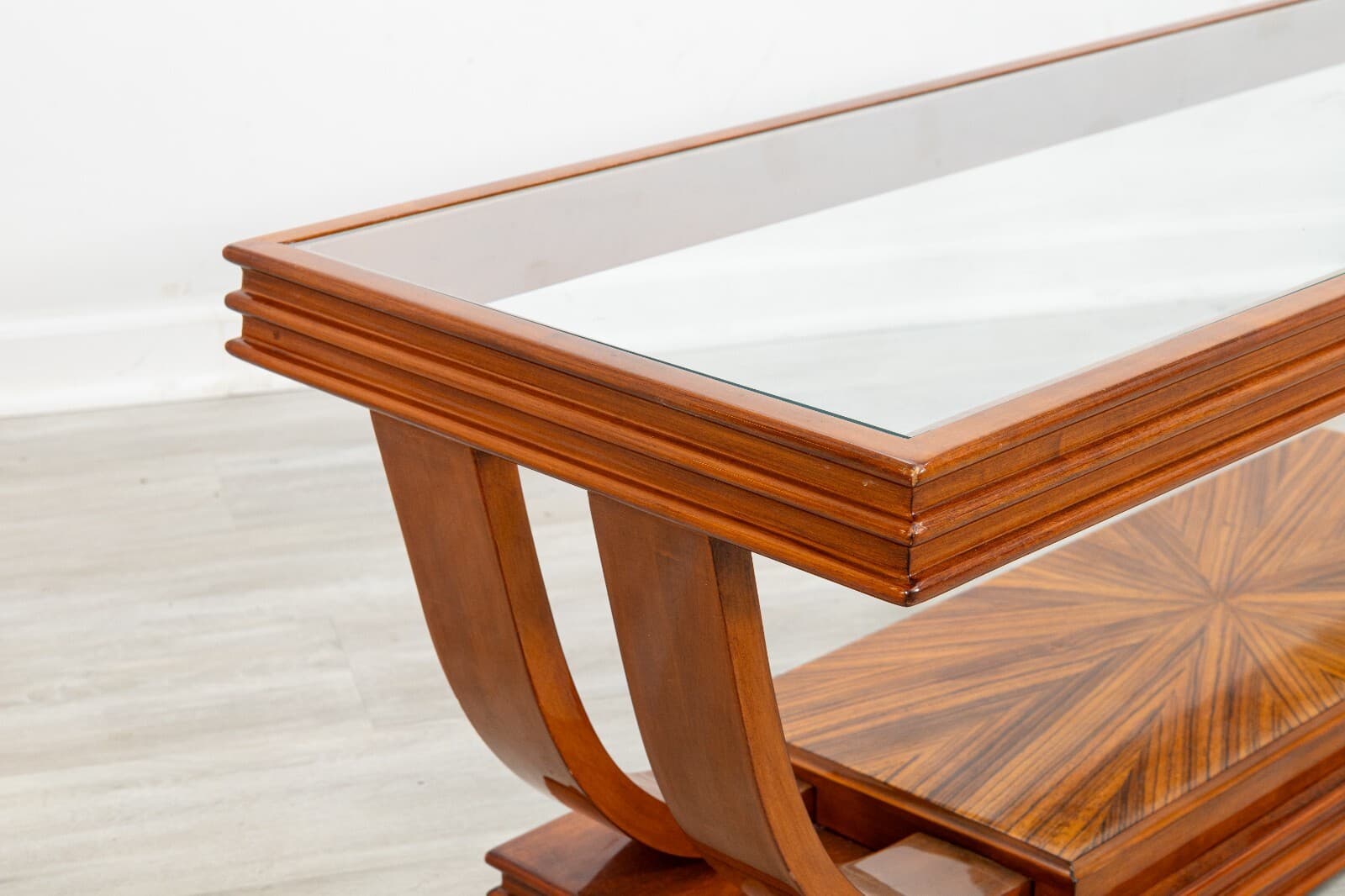 Art Deco Style Double Arch Rosewood and Glass Rectangular Coffee Table - Thumbnail 2