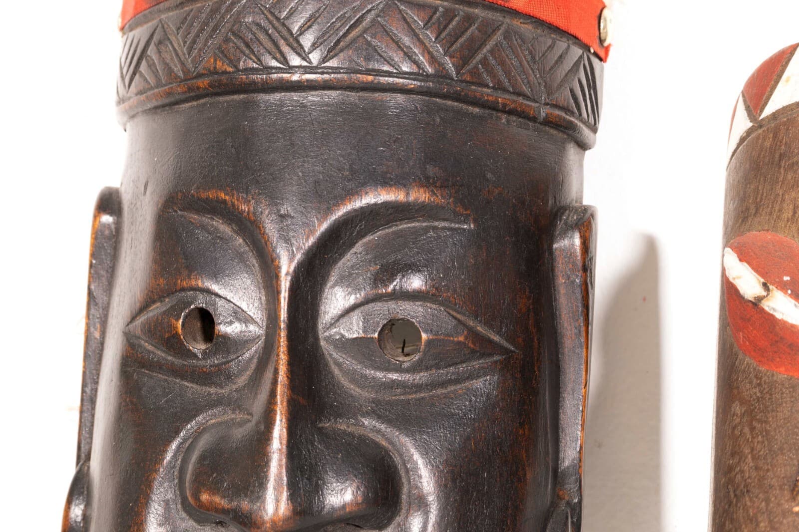 Pair of Vintage African Tribal Hand Carved & Painted Wooden Mask with Feathers - Thumbnail 3