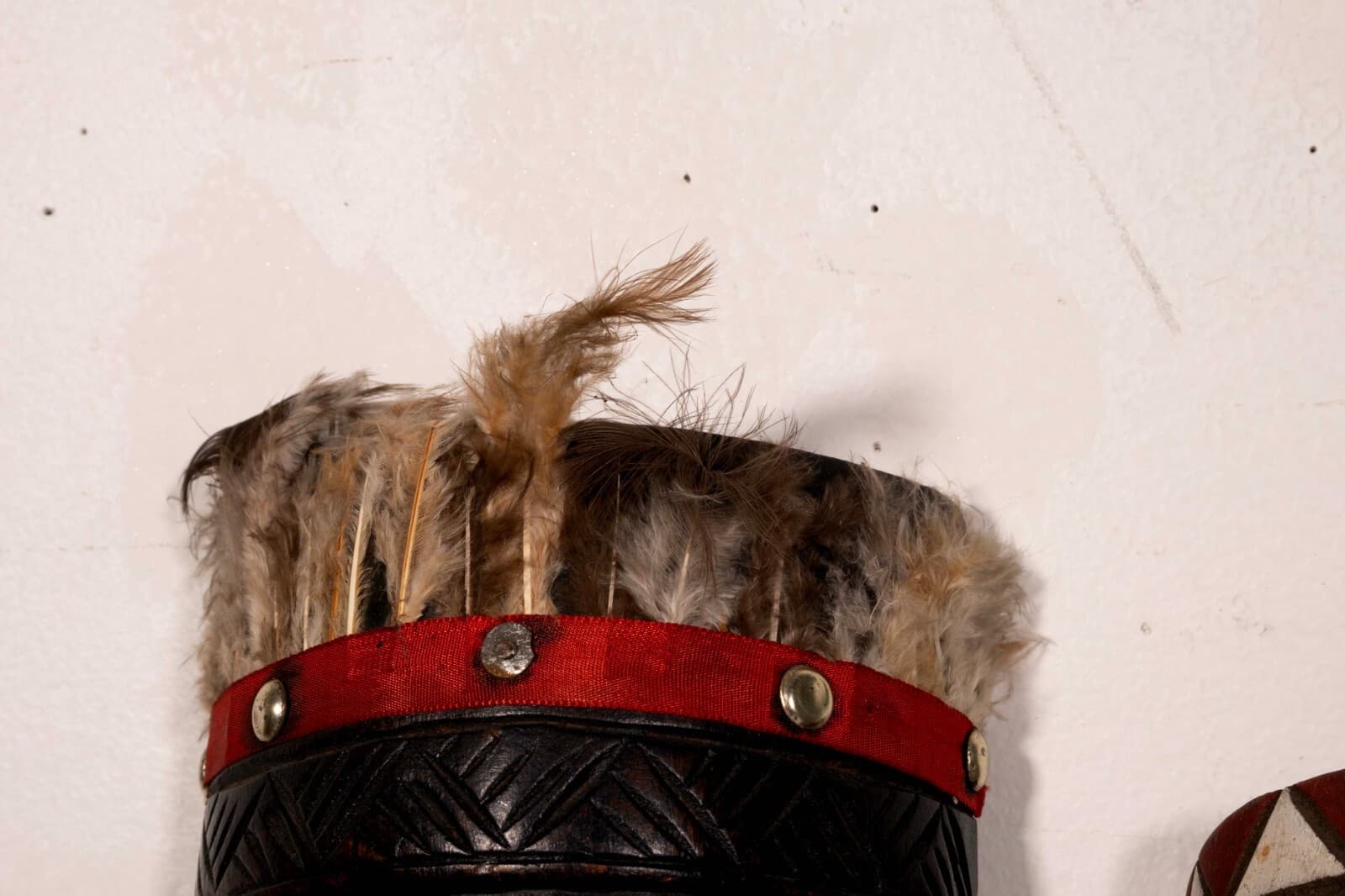 Pair of Vintage African Tribal Hand Carved & Painted Wooden Mask with Feathers - Thumbnail 4