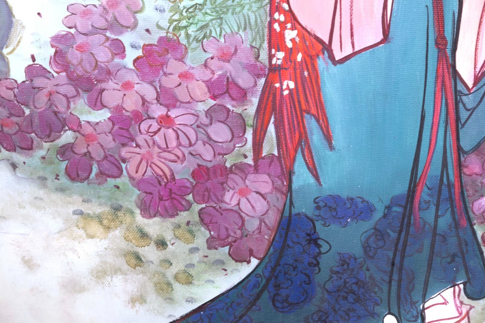 Hua Sanchuan Viewing Flowers Contemporary Figurative Asian Acrylic Painting on C - Thumbnail 5