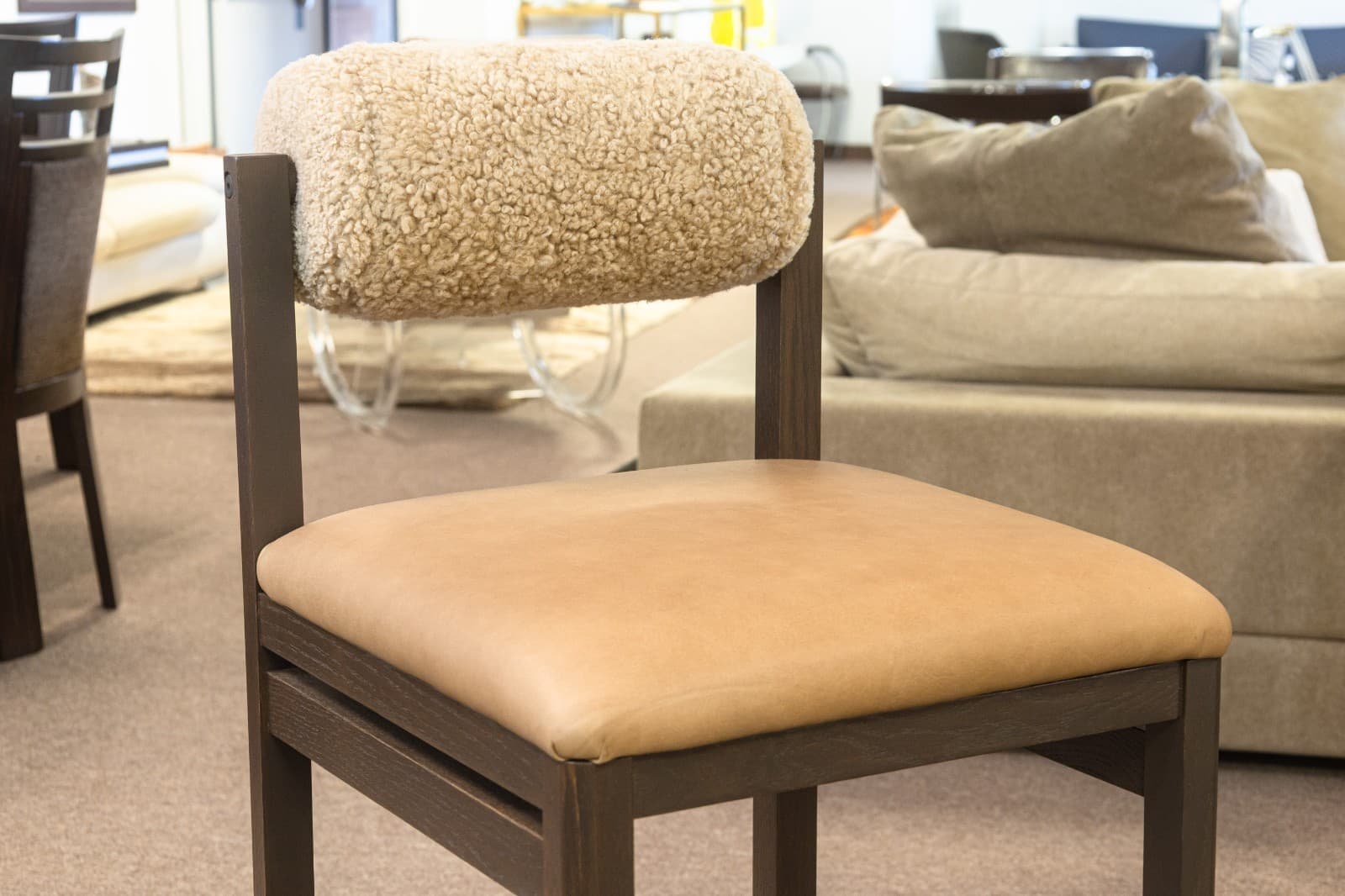 Set of 4 Thayer Barstools by Maiden Home Dark Oak Wood Leather & Shearling Seats - Thumbnail 6