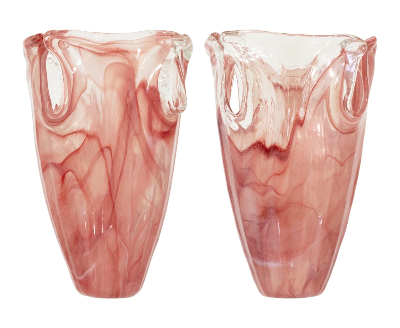 Pair Of Large Italian Vintage Lavorazione Pink & Clear Glass Vases