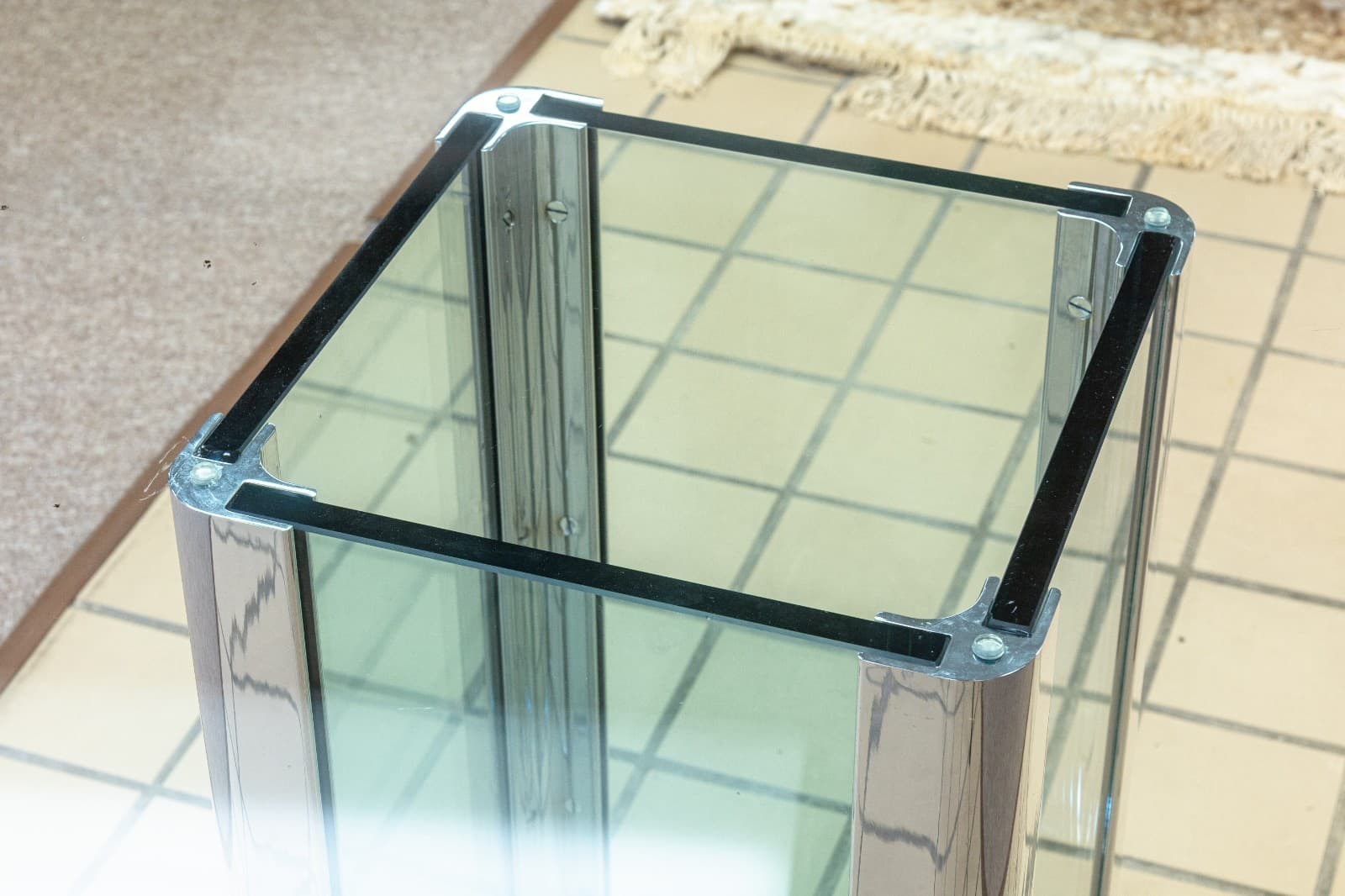 Vintage Leon Rosen for Pace Chrome and Rounded Square Glass Dinette Dining Table - Thumbnail 4