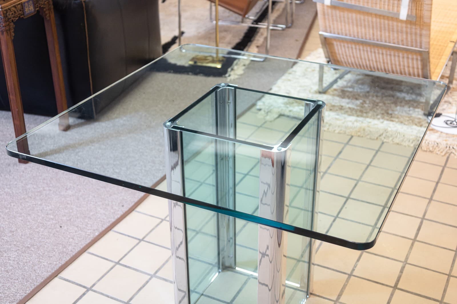 Vintage Leon Rosen for Pace Chrome and Rounded Square Glass Dinette Dining Table - Thumbnail 3