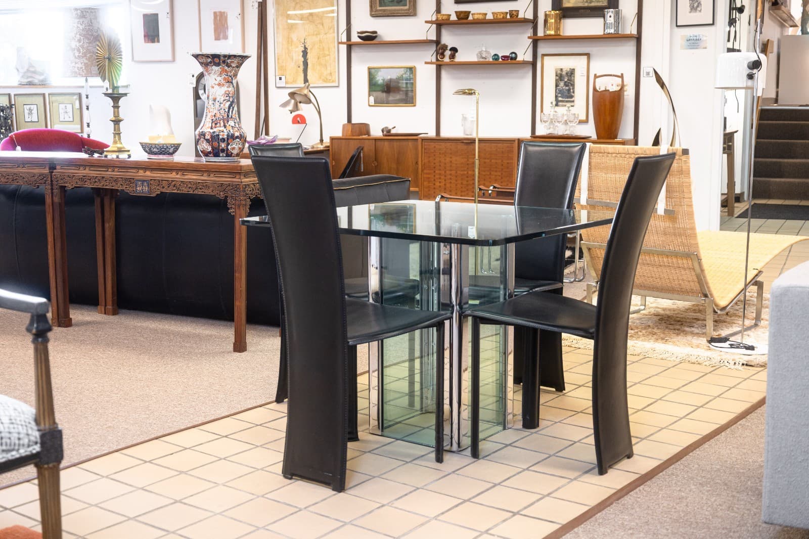Vintage Leon Rosen for Pace Chrome and Rounded Square Glass Dinette Dining Table - Thumbnail 2