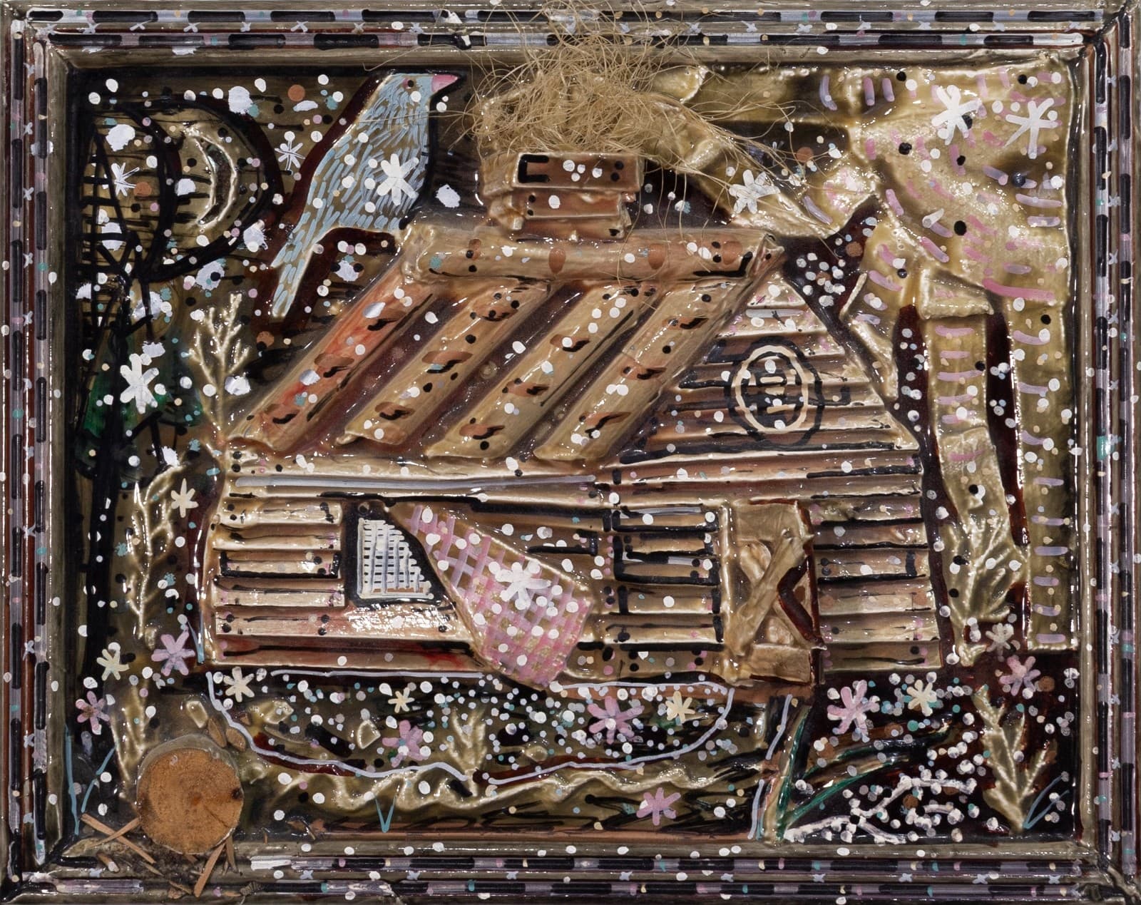 Nancy Pletos - Home Sweet Home, 1984 Signed Mixed Media Wall Sculpture Folk Art