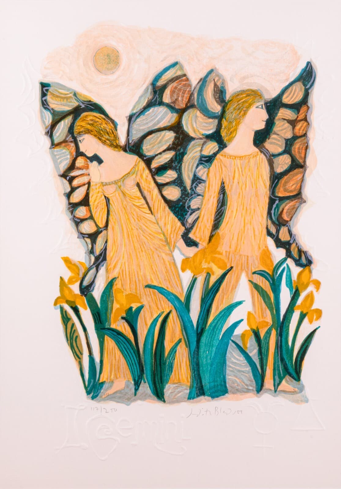 Judith Bledsoe Gemini Zodiac Hand Signed Contemporary Lithograph 117/250 Framed - Thumbnail 2