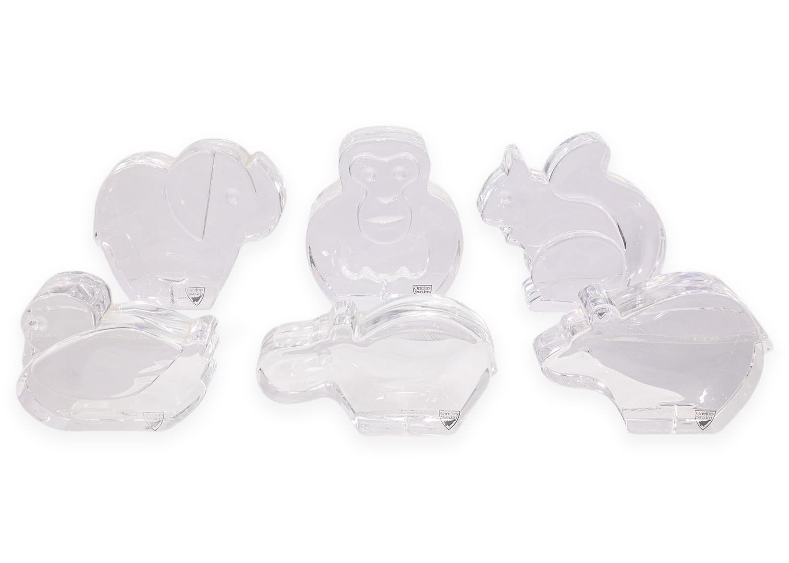 Orrefors Sweden Crystal Glass Figurines (6) Elephant, Monkey, Hippo, Mouse, Squi