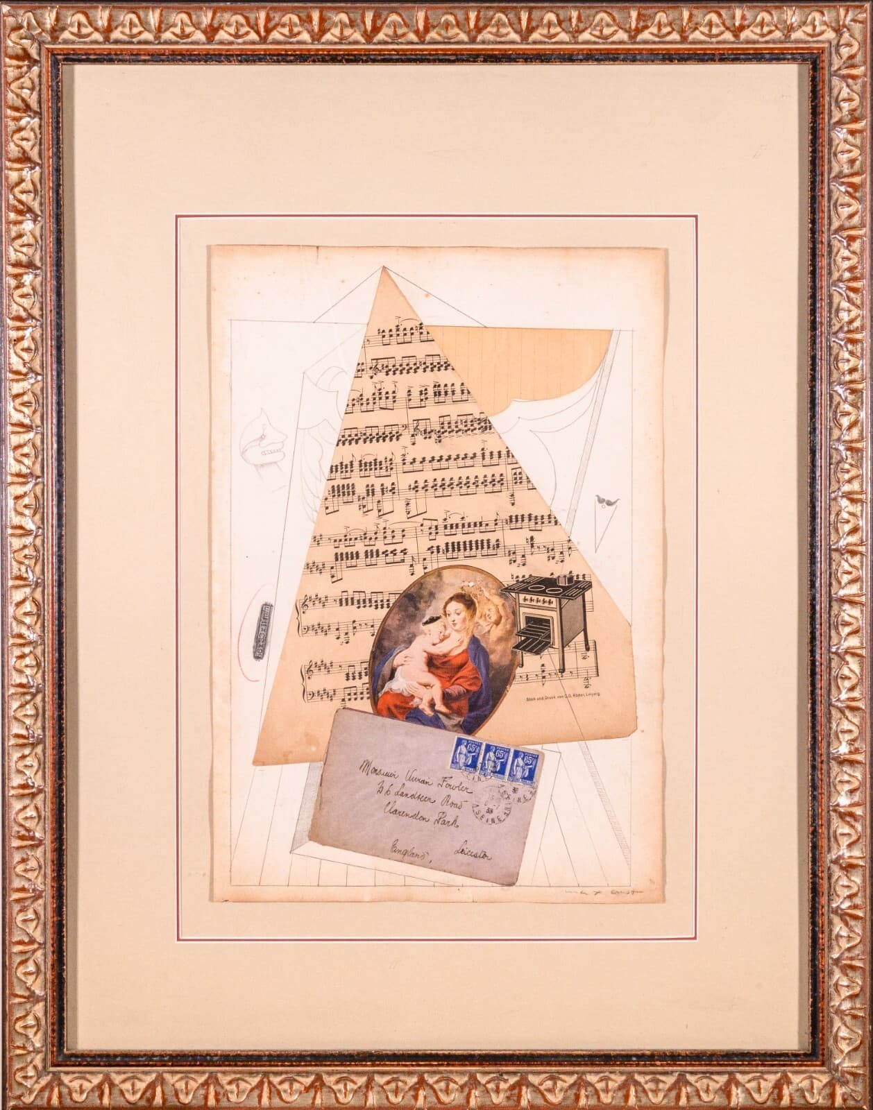 Max Ernst Christmas Card 1938 Signed Modern Mixed Media Collage and Drawing - Thumbnail 2