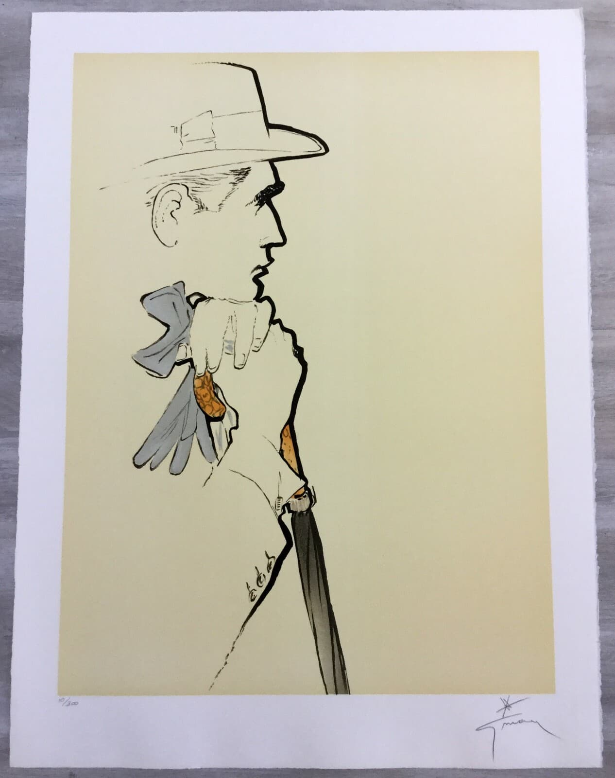 Art Deco Modern Unframed Rene Gruau Hand Signed Lithograph Pensive Man w/ Gloves - Thumbnail 2