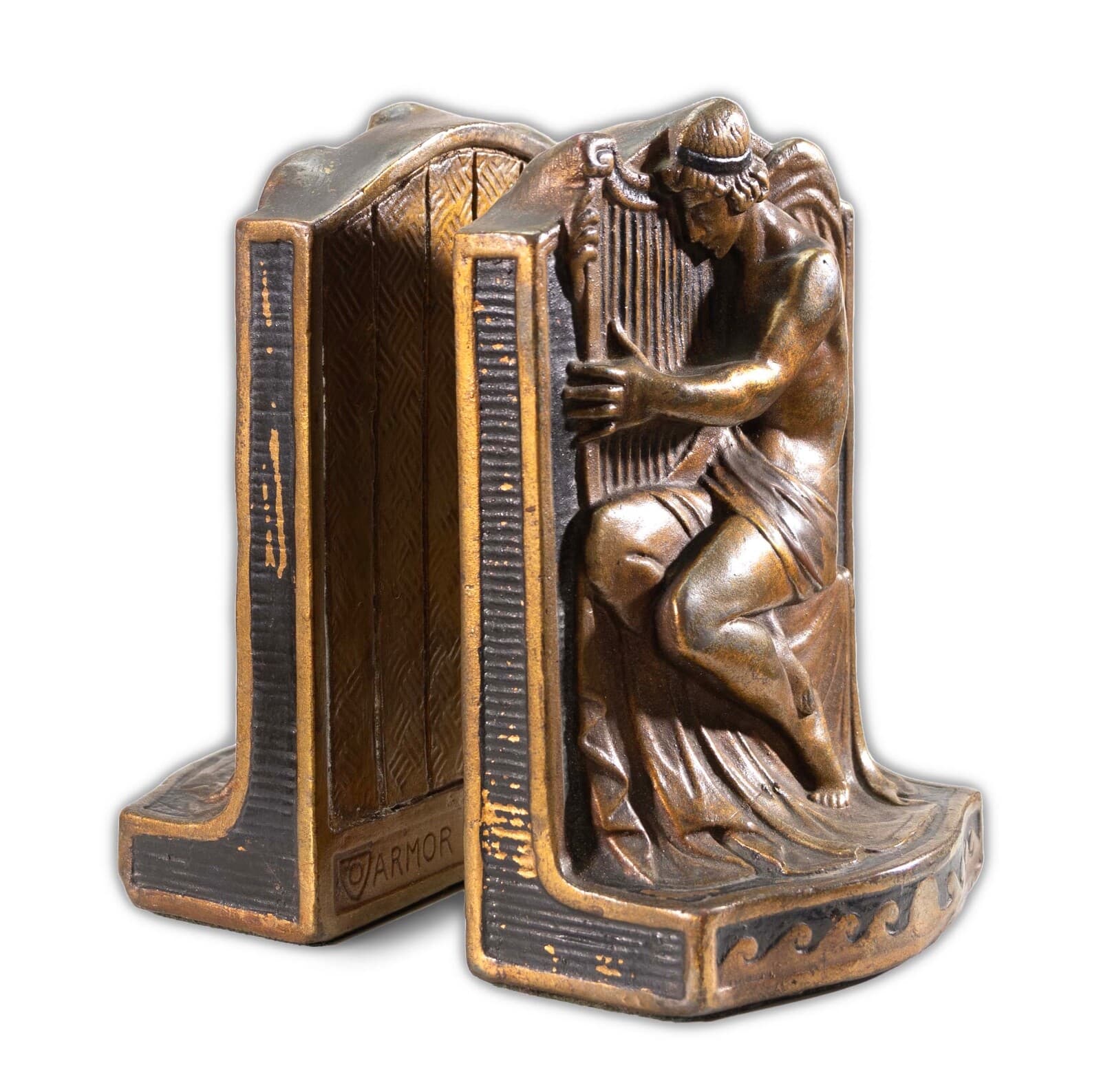 Antique Art Deco Armor Bronze Greek Figure with Music Harp Clad Bookends 1922 - Thumbnail 4