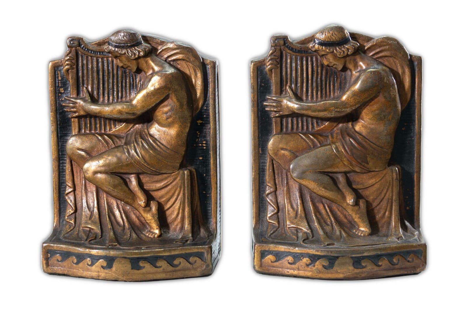 Antique Art Deco Armor Bronze Greek Figure with Music Harp Clad Bookends 1922 - Thumbnail 2