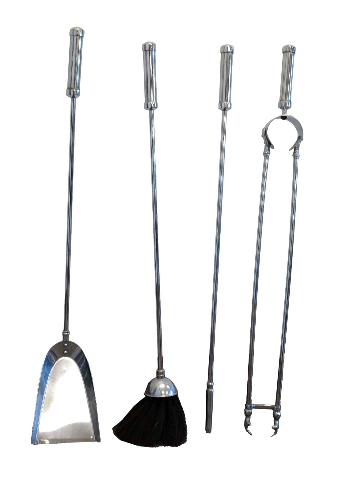 Art Deco Set of 4 Chrome Fireplace Tools Shovel, Broom, Tongs, and Poker - Thumbnail 3