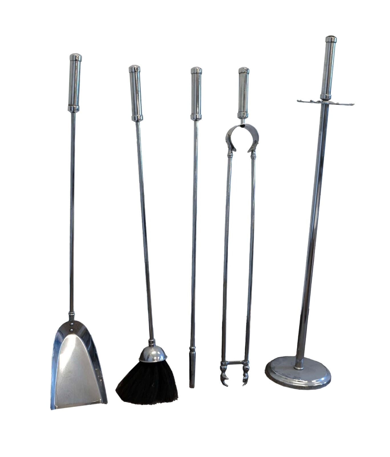Art Deco Set of 4 Chrome Fireplace Tools Shovel, Broom, Tongs, and Poker - Thumbnail 4
