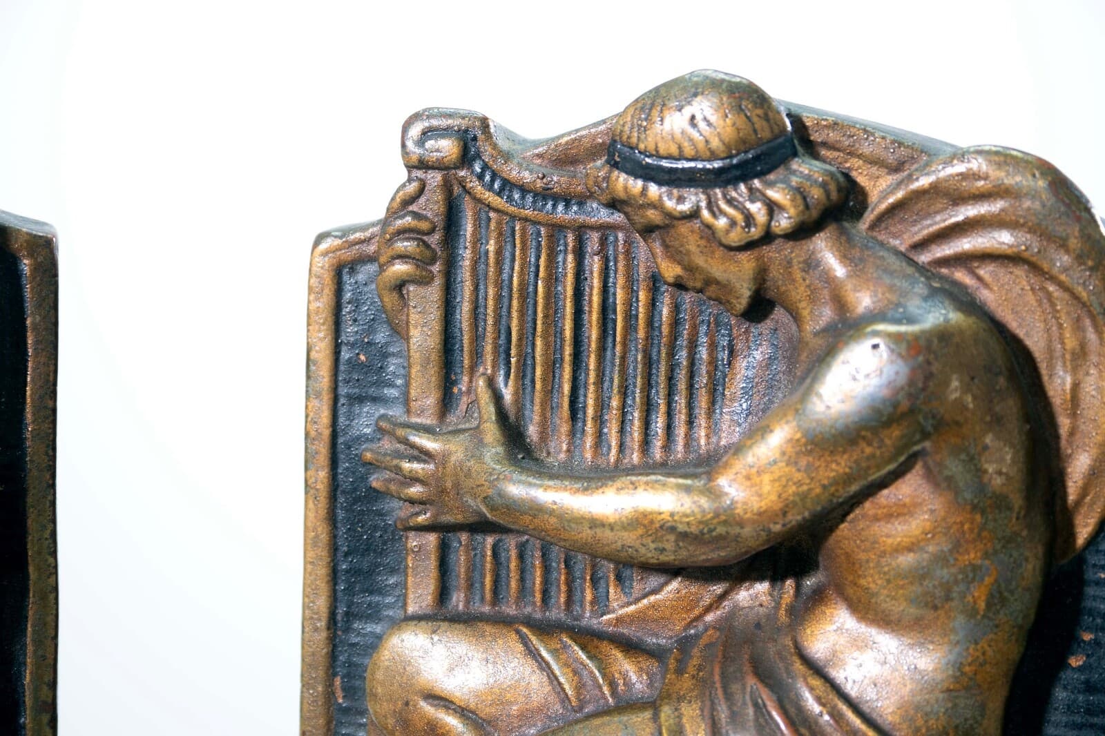 Antique Art Deco Armor Bronze Greek Figure with Music Harp Clad Bookends 1922 - Thumbnail 7