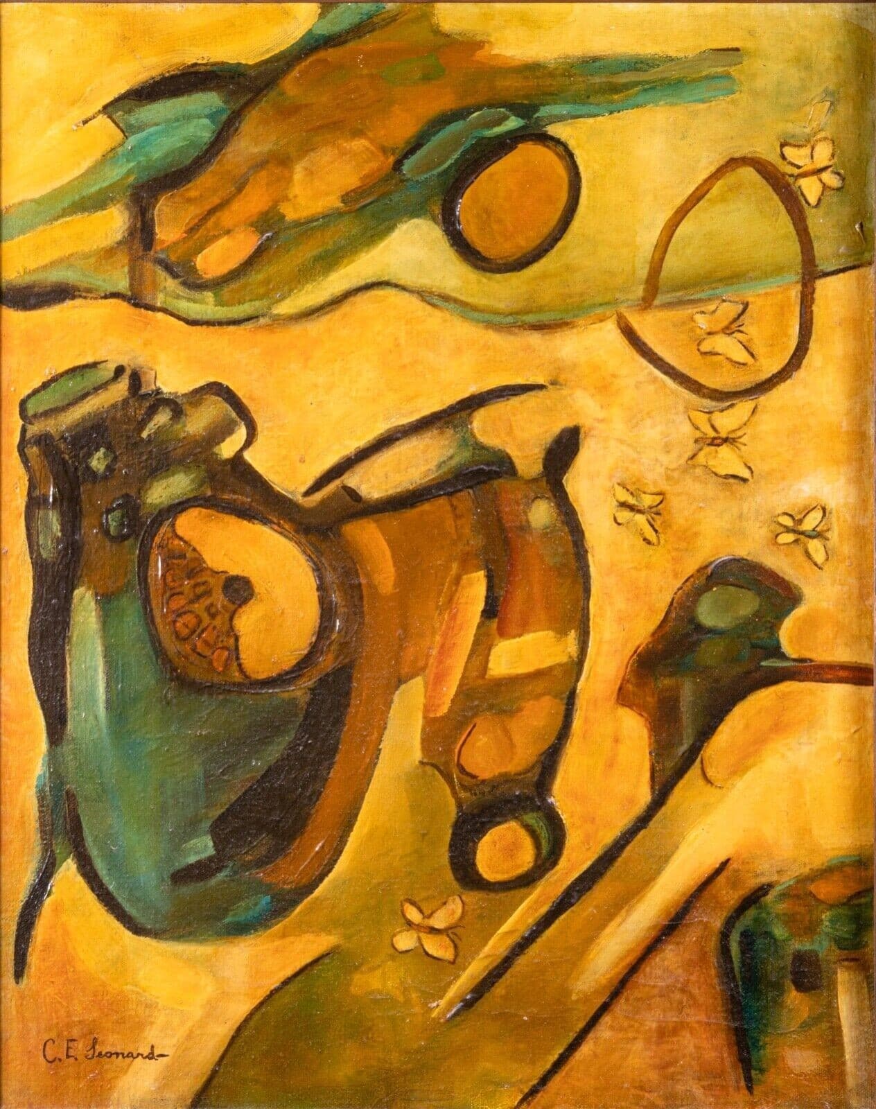 C.E. Leonard Cubits Surreal Abstract Signed Oil Painting on Framed Canvas 1970 - Thumbnail 2