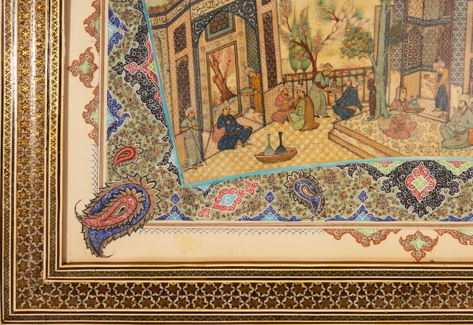 Traditional Indian Antique Oil Painting on Thin Bone Panel Inlaid Mosaic Frame - Thumbnail 3