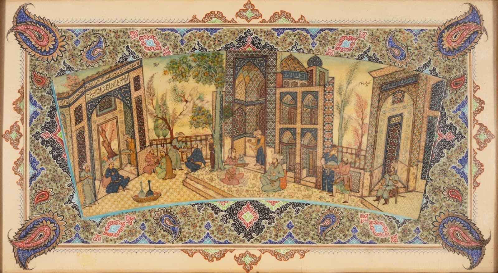 Traditional Indian Antique Oil Painting on Thin Bone Panel Inlaid Mosaic Frame - Thumbnail 2