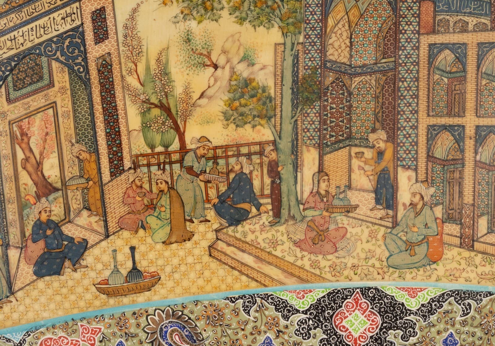 Traditional Indian Antique Oil Painting on Thin Bone Panel Inlaid Mosaic Frame - Thumbnail 4