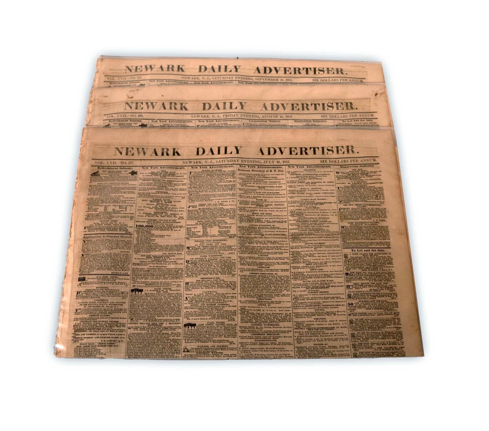 Antique Set of 3 Newark Daily Advertiser Historical Original Newspapers 1853 - Thumbnail 3