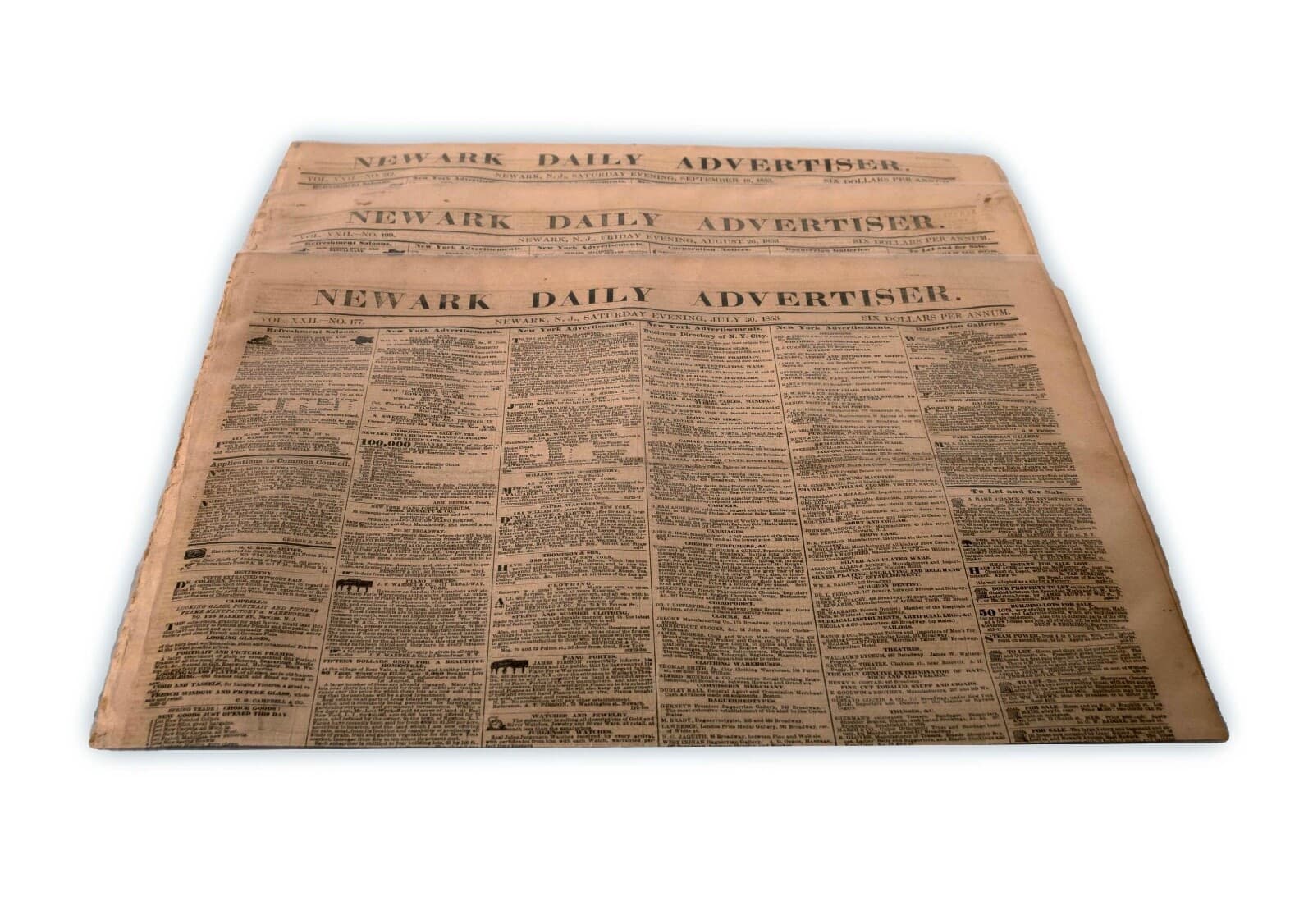 Antique Set of 3 Newark Daily Advertiser Historical Original Newspapers 1853 - Thumbnail 2