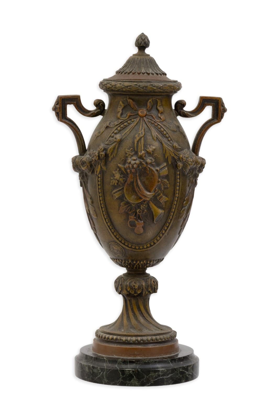 Hollywood Regency Bronze French Lidded Urn With Handles On Marble Base c. 1950s