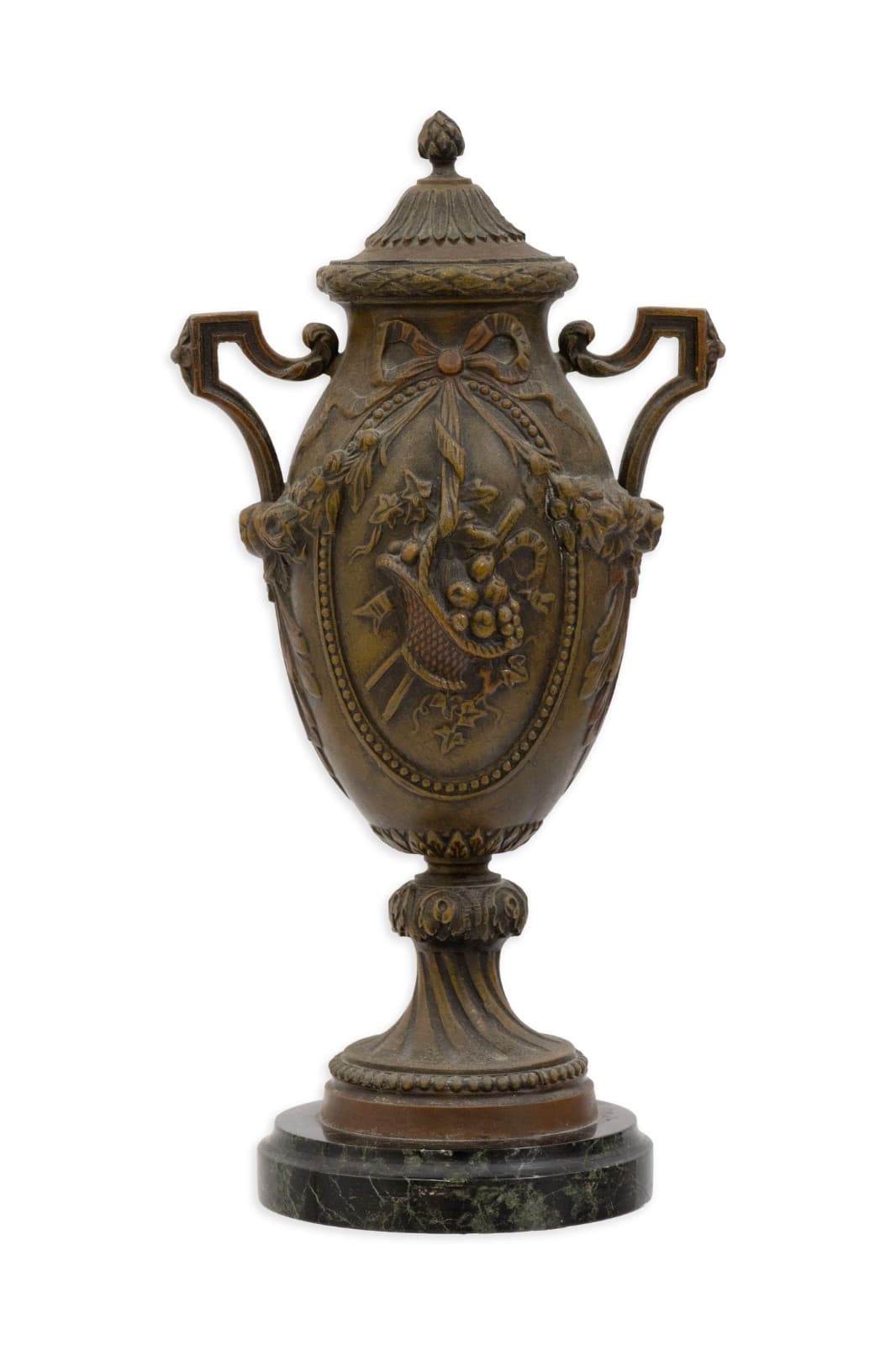 Hollywood Regency Bronze French Lidded Urn With Handles On Marble Base c. 1950s - Thumbnail 3