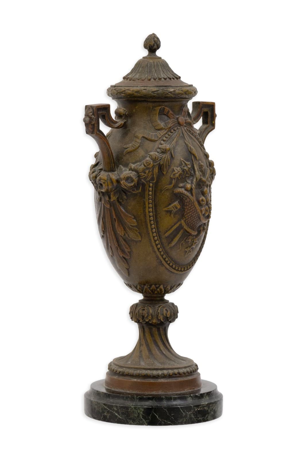 Hollywood Regency Bronze French Lidded Urn With Handles On Marble Base c. 1950s - Thumbnail 2