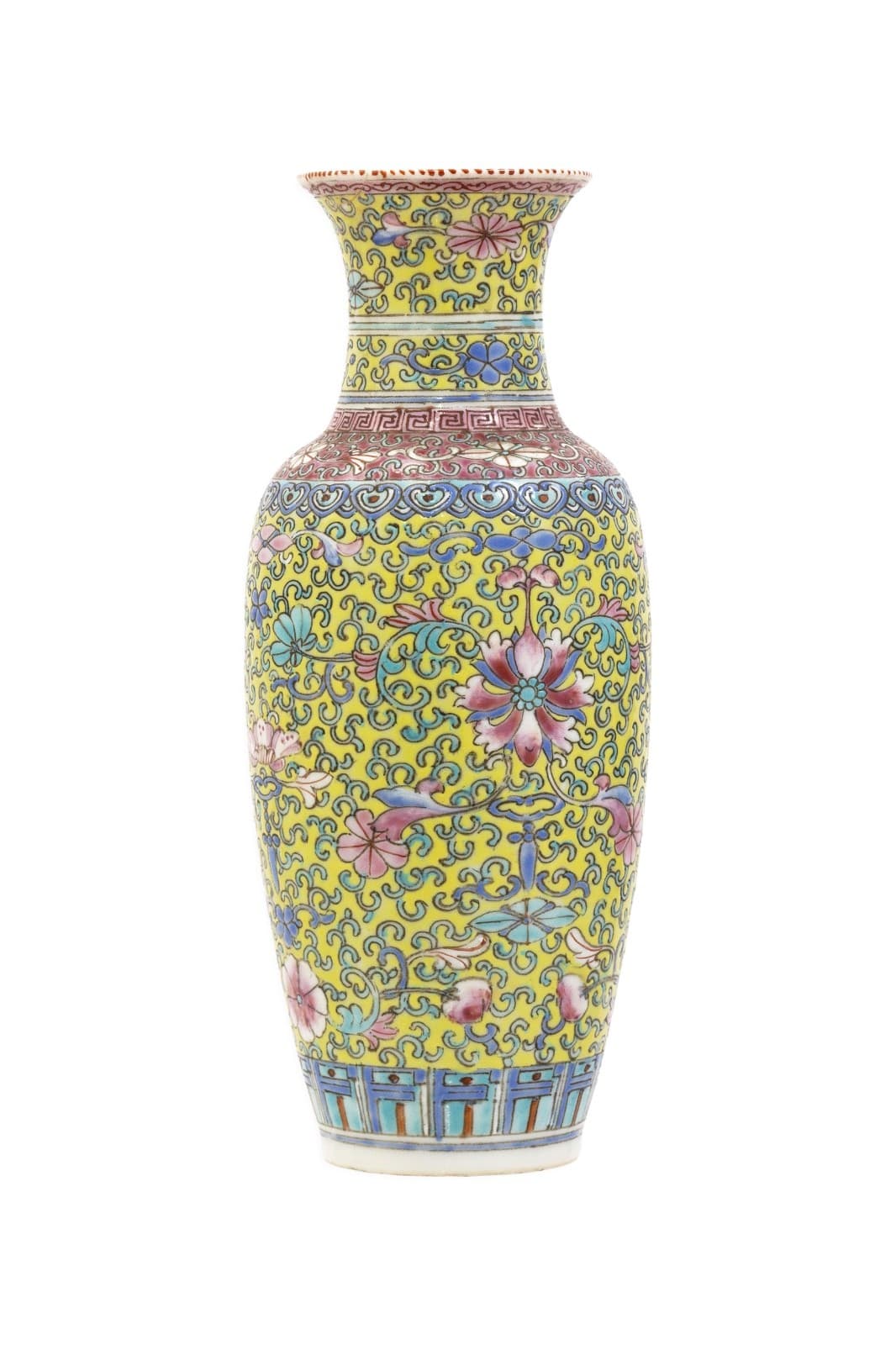 Vintage Traditional Chinese Porcelain Vase 9" Yellow, Pink & Blue Floral Design - Thumbnail 2