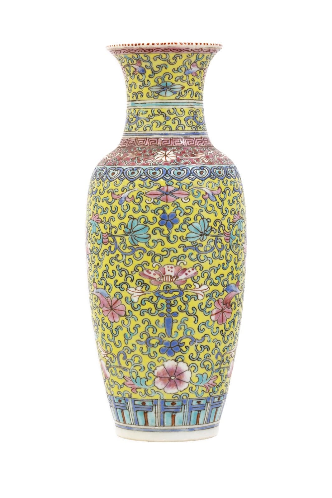 Vintage Traditional Chinese Porcelain Vase 9" Yellow, Pink & Blue Floral Design